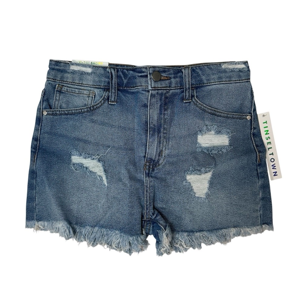 NWT Tinseltown Hi-Rise Denim Shorts 6 Medium Wash Distressed Raw Hem Y2K Boho